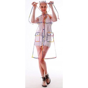 Plastik - Mantel Regenmantel Damen Fashion Type L glasklar transparent Rand: bunt LAGERWARE