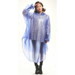 PVC - Schlupf-Regenmantel Cape-Mantel MJ-002BW blau transparent weiße Punkte